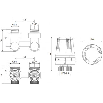 Mexen G01 sada termostatická dvoutrubková DN50, lomená 1/2"x3/4", nikl W911-012-918-01