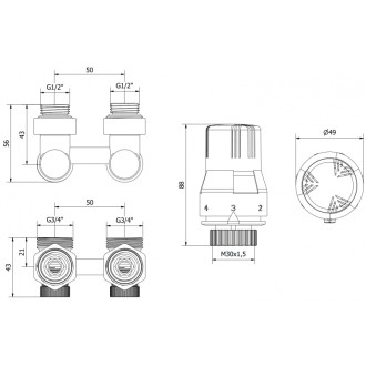 Mexen G02 sada termostatická dvoutrubková DN50, lomená 1/2"x3/4", nikl W911-012-928-01