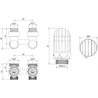 Mexen G03 sada termostatická dvoutrubková DN50, lomená 1/2"x3/4", nikl W911-012-938-01