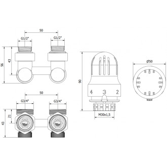 Mexen G04 sada termostatická dvoutrubková DN50, úhlová 1/2"x3/4", nikl W911-012-948-01