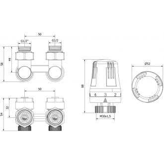Mexen G01 sada termostatická dvoutrubková DN50, úhlová 1/2&quot,x16, nikl W911-016-918-01