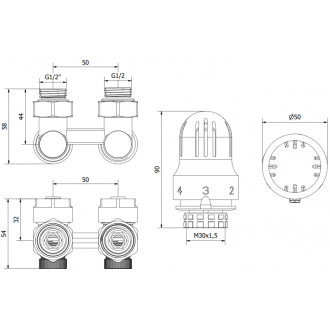 Mexen G04 sada termostatická dvoutrubková DN50, úhlová 1/2&quot,x16, nikl W911-016-948-01