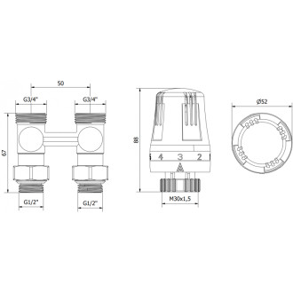 Mexen G01 sada termostatická dvoutrubková DN50, přímá 1/2"x3/4", nikl W912-012-918-01