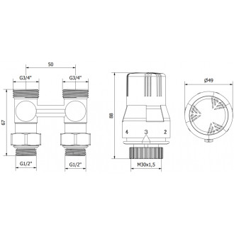 Mexen G02 sada termostatická dvoutrubková DN50, přímá 1/2"x3/4", nikl W912-012-928-01