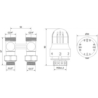 Mexen G04 sada termostatická dvoutrubková DN50, přímá 1/2"x3/4", nikl W912-012-948-01