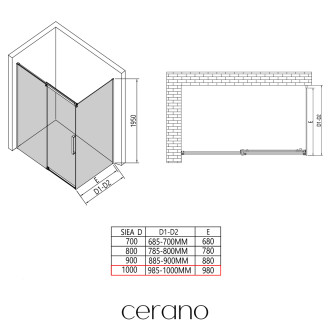 CERANO - Sprchová zástěna pro dveře Lantono - pravá - 8 mm - černá matná, mléčné sklo - 100x195 cm - jednodílná pevná