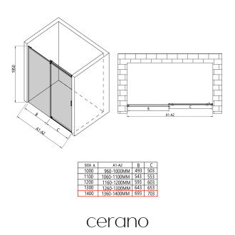 CERANO - Sprchové posuvné dveře Santoro - pravá - 6 mm - černá matná, mléčné sklo - 140x195 cm