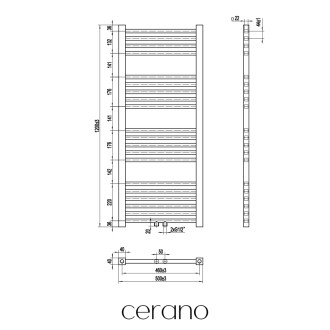 CERANO - Koupelnový radiátorový set Franko - kombinované výtápění, termo tyč - středové připojení 50 mm - 392W - černá matná - 1200x500 mm