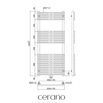 CERANO - Koupelnový radiátorový set Luigi - kombinované výtápění, termo tyč - středové připojení 50 mm - 545W - černá matná - 1200x500 mm