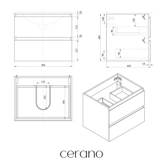 CERANO - Deska pod umyvadlo Navira - 120x46,5 cm - 36 mm - skříňka Carole 60 cm - černá matná - konzole chrom