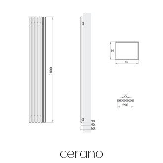 CERANO - Koupelnový radiátorový set Pyricus - kombinované výtápění, termo tyč - středové připojení 50 mm - 721W - černá matná - 1800x290 mm