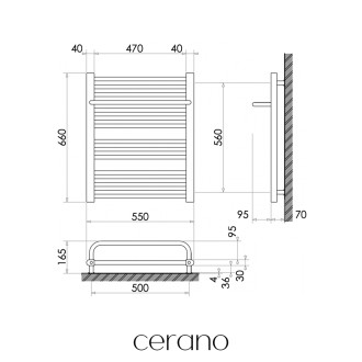 CERANO - Koupelnový radiátorový set Antonio - kombinované vytápění, termo tyč - boční jednobodové připojení - 351W - černá matná - 660x550 mm