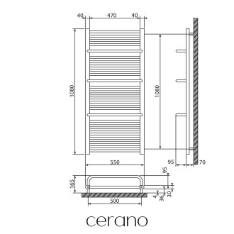 CERANO - Koupelnový radiátorový set Antonio - kombinované vytápění, termo tyč - boční jednobodové připojení - 655W - černá matná - 1180x550 mm