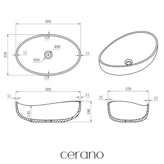 CERANO - Umyvadlo na desku z litého mramoru Zara - černá matná - 60x37 cm