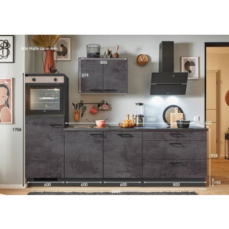 Kuchyňská linka se spotřebiči, dřezem a dřezovou baterií Naturel 260x60x92 cm mat beton grafitově šedá 658PKW5260G1L