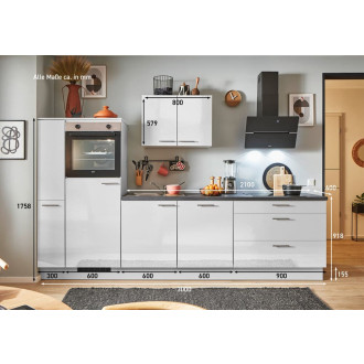 Kuchyňská linka se spotřebiči, dřezem a dřezovou baterií Naturel 300x60x92 cm mat světle šedá lesklá 509PKW5300GAL