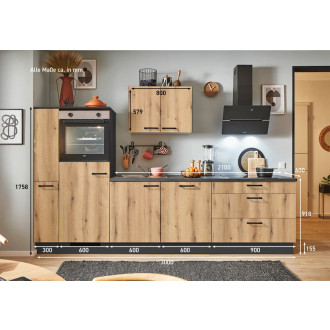 Kuchyňská linka se spotřebiči, dřezem a dřezovou baterií Naturel 300x60x92 cm lesk evoke dub 672PKW5300GAL