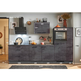 Kuchyňská linka se spotřebiči, dřezem a dřezovou baterií Naturel 310x60x92 cm mat beton grafitově šedá 658PKW5310GAR
