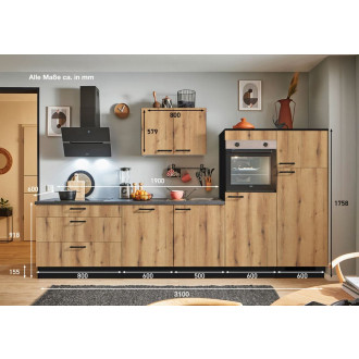 Kuchyňská linka se spotřebiči, dřezem a dřezovou baterií Naturel 310x60x92 cm mat evoke dub 672PKW5310G2R