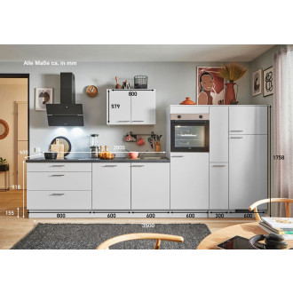 Kuchyňská linka se spotřebiči, dřezem a dřezovou baterií Naturel 350x60x92 cm mat světle šedá 659PKW5350GAR