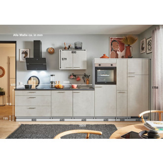 Kuchyňská linka se spotřebiči, dřezem a dřezovou baterií Naturel 350x60x92 cm mat betonová bílá Šedá 665PKW5350GAR