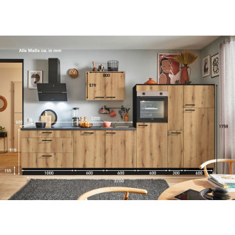 Kuchyňská linka se spotřebiči, dřezem a dřezovou baterií Naturel 370x60x92 cm mat evoke dub 672PKW5370GAR