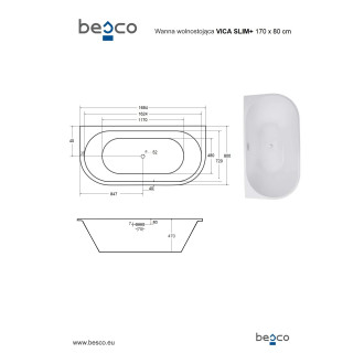 Asymetrická vana VICA SLIM+ bílá, sifon se štěrbinovým přepadem