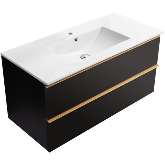CERANO - Koupelnová skříňka pod umyvadlo s úchytkou Velora + keramické umyvadlo Todo - černá matná, zlatá úchytka - 100x49,8x46 cm
