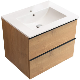 CERANO - Koupelnová skříňka pod umyvadlo s úchytkou Velora + keramické umyvadlo Todo - dub medový, černá úchytka - 60x49,8x46 cm