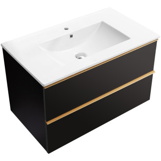 CERANO - Koupelnová skříňka pod umyvadlo s úchytkou Velora + keramické umyvadlo Todo - černá matná, zlatá úchytka - 80x49,8x46 cm