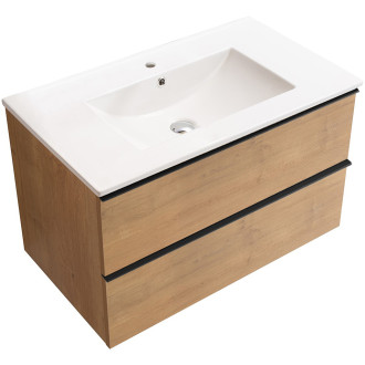 CERANO - Koupelnová skříňka pod umyvadlo s úchytkou Velora + keramické umyvadlo Todo - dub medový, černá úchytka - 80x49,8x46 cm