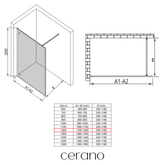 CERANO - Sprchová zástěna Walk-in Moreli L/P - 8 mm - černá matná, transparentní sklo - 120x200 cm - ROZBALENO