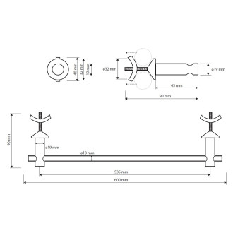 Držák ručníků na otopné těleso rovný, 600 × 40 × 90 mm, chrom