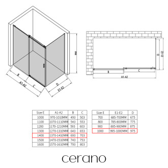 CERANO - Sprchový kout Santoro - pravá - 6 mm - černá matná, mléčné sklo - 140x100 cm - posuvný