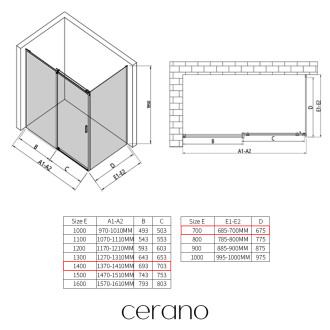 CERANO - Sprchový kout Santoro - pravá - 6 mm - černá matná, mléčné sklo - 140x70 cm - posuvný