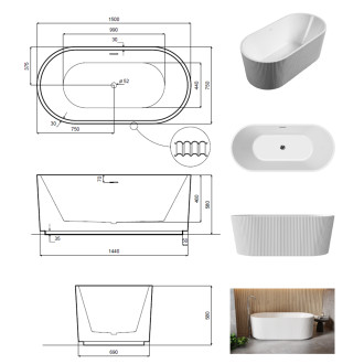 Volně stojící vana GIULIANA černá/bílá, sifon se štěrbinovým přepadem