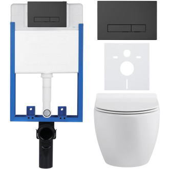 CERANO - Kompletní podomítkový WC set Lite/Dure - bílá lesklá - WC tlačítko Slim, černé matné - k zazdění - 51x35 cm