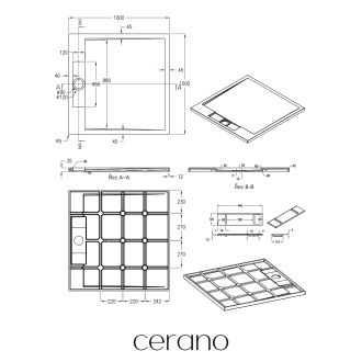 CERANO - Sprchová vanička z litého mramoru čtvercová Loro - tmavě šedá - 100x100 cm