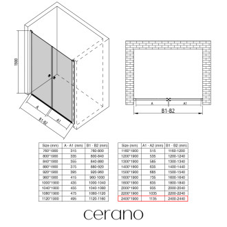 CERANO Sprchové 2-křídlové dveře Antelo L/P černá mat, transparent sklo 240x190 CER-482122