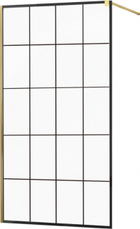 Sprchová stěna Mexen Kioto 130x200 cm, transparent/černý vzor 8, zlatá 800-130-101-50-77