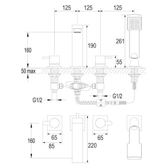 Omnires DARLING čtyřotvorová vanová baterie, zlatý lesk DA5032GL