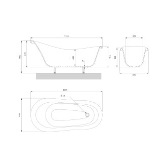 Omnires ATENA COMFORT M+ volně stojící vana, 175 x 82 cm, bílý/černý lesk ATENA174BCP