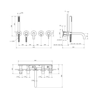 Omnires Y pět otvorová podomítková vanová baterie s hubicí, kartáčo grafit Y1237-1GR