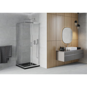 Sprchový kout Mexen Rio čtvercový 90 x 90 cm, průhledný, chrom + plochá sprchová vanička, černá - 860-090-090-01-00-4070