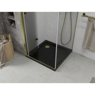 Skládací sprchový kout Mexen Lima 90 x 90 cm, průhledný, zlatý + plochá sprchová vanička, černá - 856-090-090-50-00-4070G