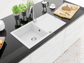 Mexen Leo 1-miskový granit dřez s odkapem a baterií Telma, bílá 6501-20-670200-00