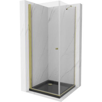 Sprchový kout Mexen Pretoria s výklopným mechanismem 90 x 90 cm, průhledný, zlatý + plochá sprchová vanička, černá - 852-090-090-50-00-4070G