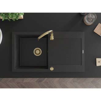 Mexen Leo 1miskový granitový dřez s odkapávačem 900 x 500 mm, černá/stříbrná metalíza, zlatý sifon - 6501901010-73-G
