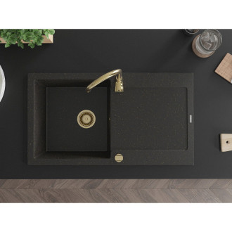 Mexen Leo granitový dřez 1miska s odkapávačem 900 x 500 mm, černá/zlatá metalíza, zlatý sifon - 6501901010-75-G