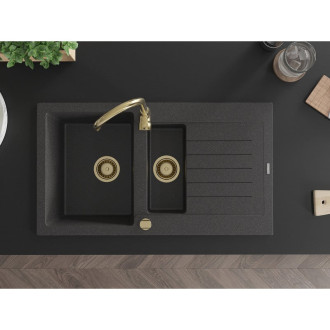 Mexen Matias granitový dřez 1,5 miska s odkapávačem 900 x 505 mm, melír černý, zlatý sifon - 6502901505-76-G